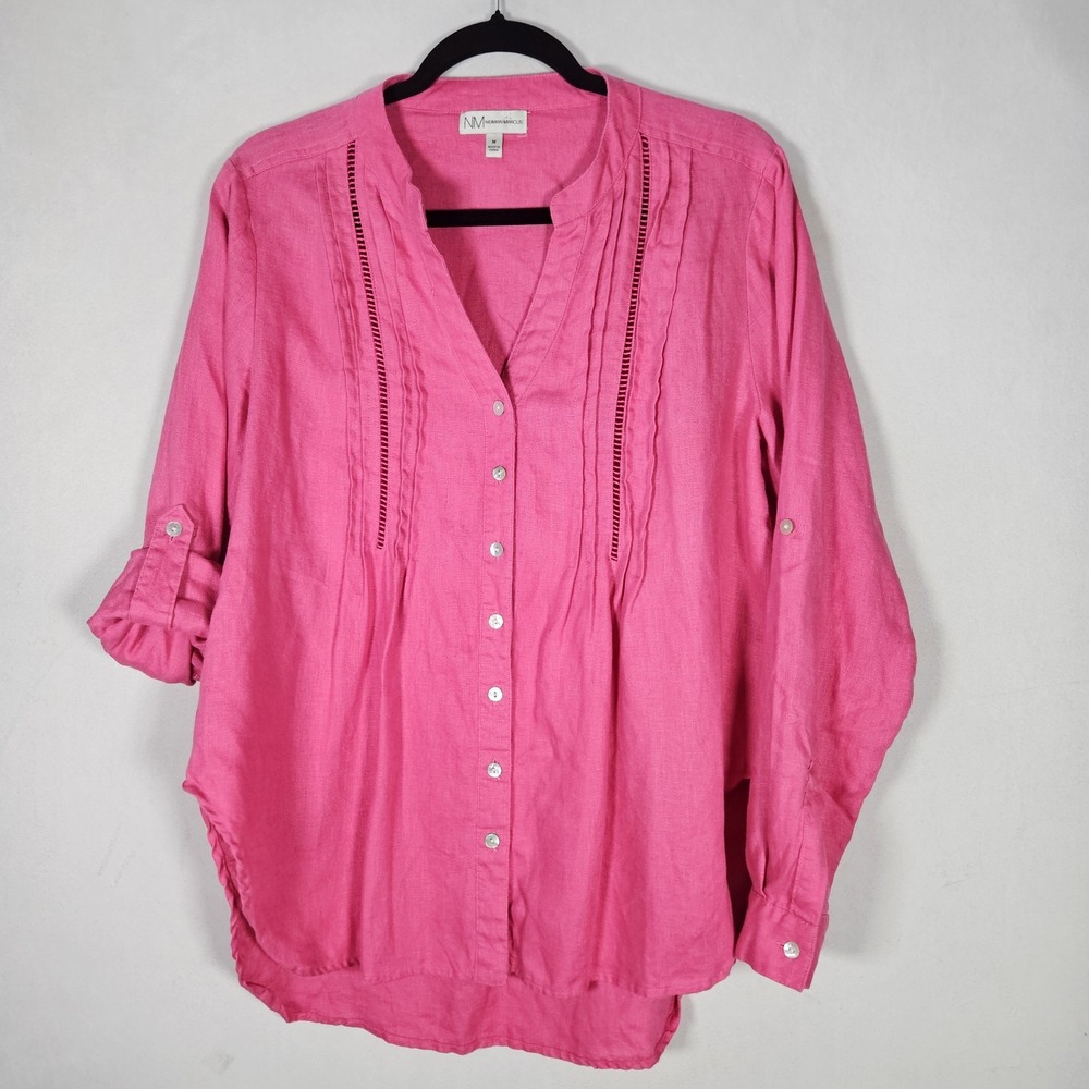 Neiman Marcus Top Women M Hot Pink 100% Linen Beach Button Coastal Office Resort